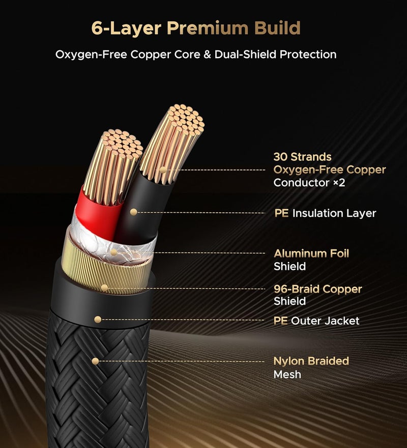 Warrky كابلات XLR بطول 6 أقدام - عبوة واحدة [نحاس خالي من الأكسجين (OFC)، موصل مطلي بالذهب] كابل ميكروفون متوازن ذكر إلى أنثى احترافي Hi-Fi XLR - Image 2